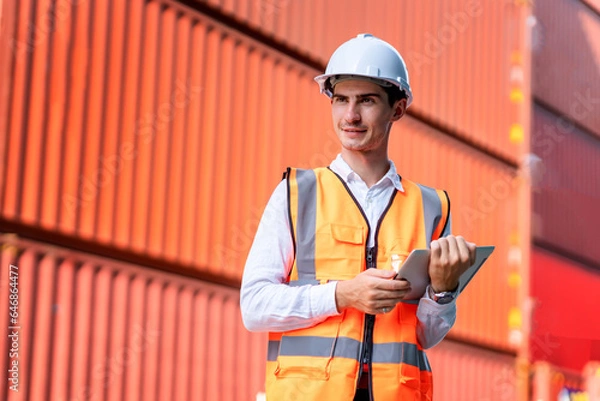 Fototapeta Engineer Stack of Cargo Containers