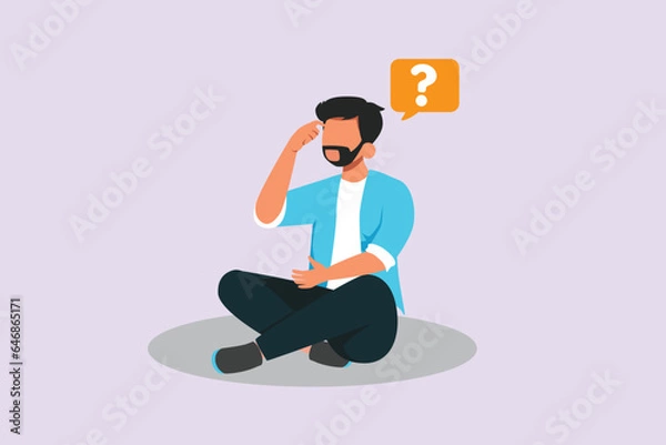 Fototapeta Confused man in doubts and thoughts concept. Colored flat vector illustration isolated. 