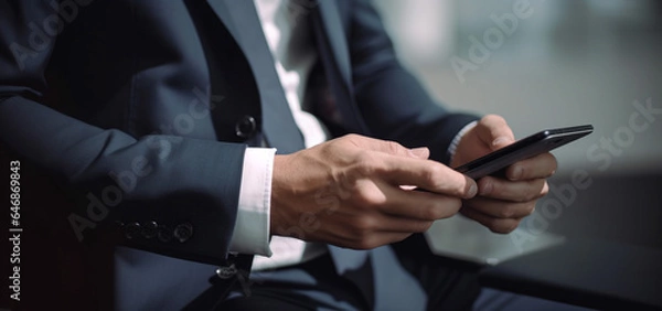 Fototapeta businessman typing on a tablet, hands using mobile device, connectivity concept image,