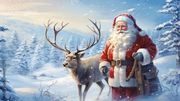 Fototapeta Photo of Santa Claus and a reindeer in a snowy landscape created with Generative AI technology