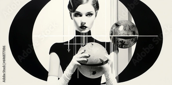 Fototapeta portrait illustration of a retro vintage girl , black and white wallpaper, posing in a surreal sceery