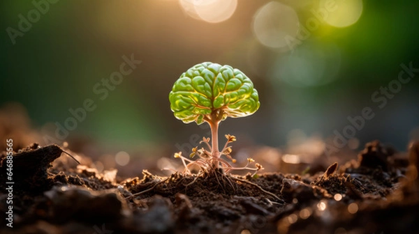 Fototapeta a close-up view of a small green plant growing out of the ground with a brain-like structure. The roots extend into the earthy soil. Growth concept