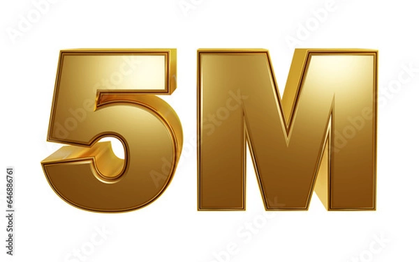 Fototapeta Golden 5M isolated on transparent background. Thank you for 5 Million followers or subscribes or likes 3D rendering
