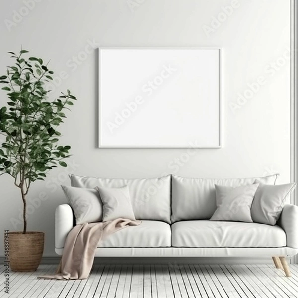 Fototapeta AI generated illustration of A modern room with a white couch and a white frame with a copy space