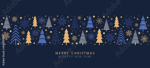 Fototapeta Festive design Merry Christmas and Happy New Year with Christmas trees and beautiful snowflakes in a modern style on a blue background. Winter forest with falling snow. Vector illustration.