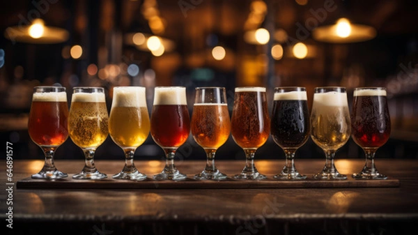 Fototapeta Variety in Brews: Glasses of Craft Beer Arranged on a Bar Counter.generative ai