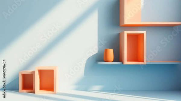 Fototapeta 3d geometric shapes on a shelve against a baby blue background, window natural light on the wall, mockup concept
