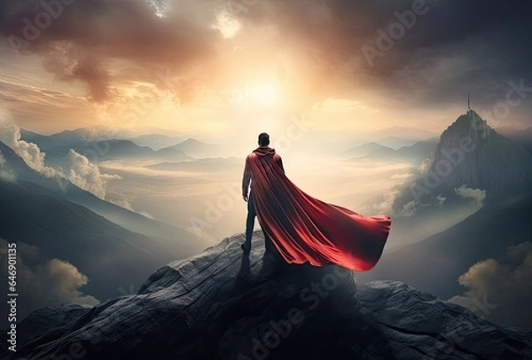 Fototapeta Businessman superhero with red cape standing and looking on the top of mountain landscape background