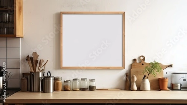 Fototapeta a modern kitchen with kitchenware and a blank framed poster on a wooden wall.