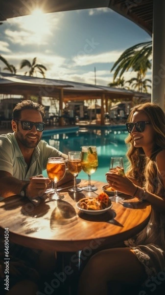 Fototapeta champagne toast on the beach enjoying a sunny day with ocean view, food and drinks on the table