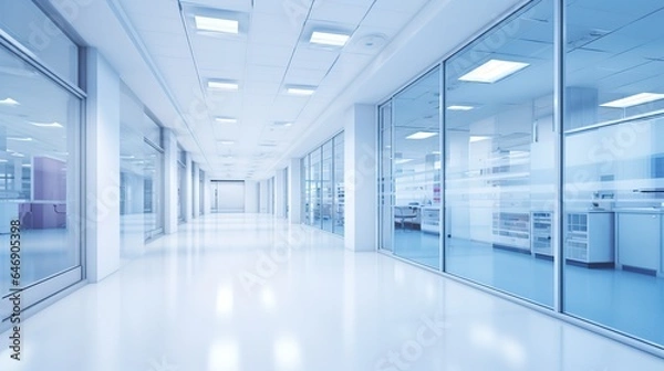 Fototapeta blue corridor in hospital modern building. generative ai