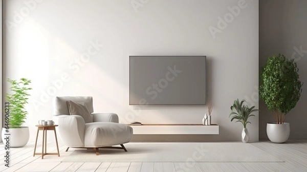 Fototapeta Create a 3D image of a contemporary minimalist interior with a wall mounted TV and armchair, rendered in white.