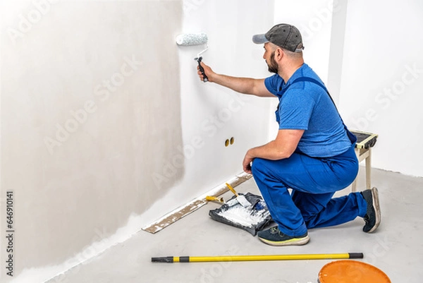 Fototapeta Builder painting the wall with painting roller in white color