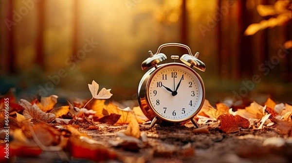 Fototapeta Concept, daylight saving time. Sommer time, winter time, changeover, switch of time. Sommer or winter time. Clock as a timer for celebrations. Autumnal forest and leaves.