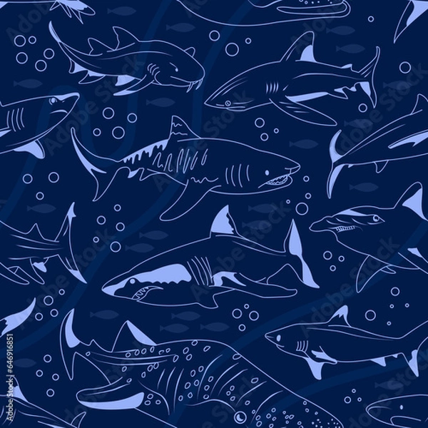Fototapeta Shark vector seamless pattern. Square composition, endless marine preditor swatch. Underwater wallpaper design. Undersea textile print.