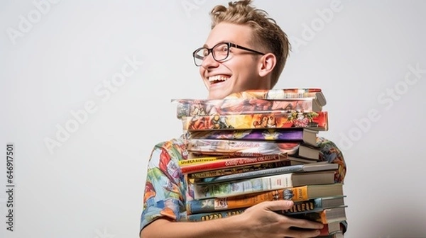 Fototapeta Nerdy model with a stack of comic books, grinning from ear to ear, set against a white background.