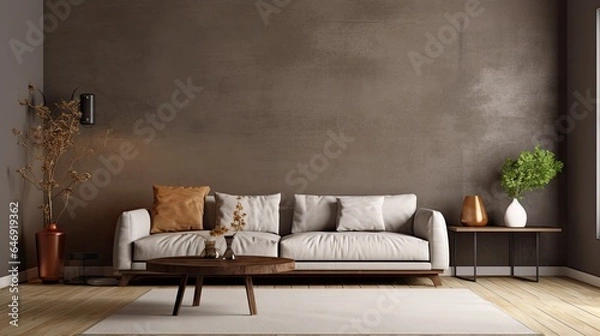 Fototapeta Minimalist living room interior with poster frame, modular sofa, wooden coffee table, carpet, dark stucco wall, and personal accessories.