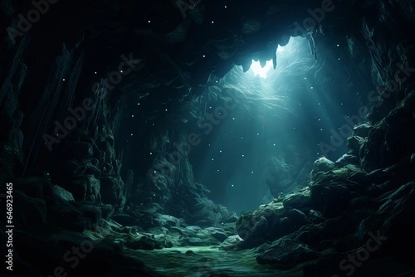 Fototapeta Mysterious underwater cave, where beams of light penetrate the darkness, unveiling the secrets of a hidden aquatic realm.