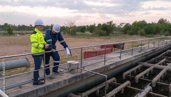 Fototapeta Environmental engineers work at wastewater treatment plants,Water supply engineering working at Water recycling plant for reuse,Technicians and engineers discuss work together.