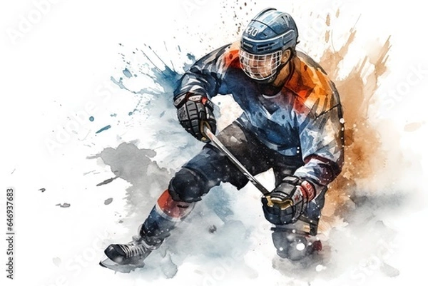 Obraz Man playing ice hockey, portrait of a professional hockey player in action. Watercolor painting. Generative AI.