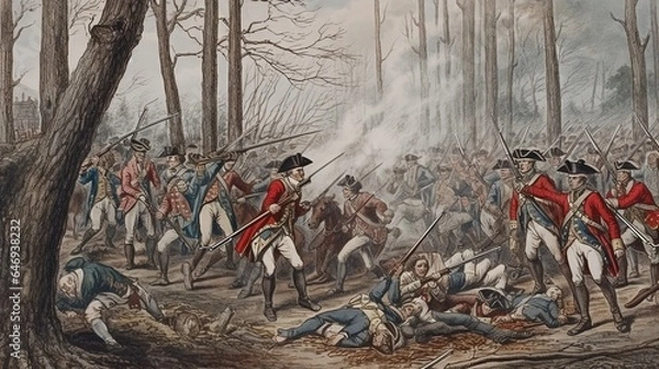 Fototapeta Watercolor drawing of the representation of a battle between the English and American armies.