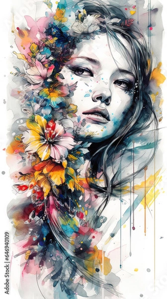 Fototapeta Image generated by AI. Ink drawing of a beautiful unknown woman with flowers surrounding her head. watercolor technique.