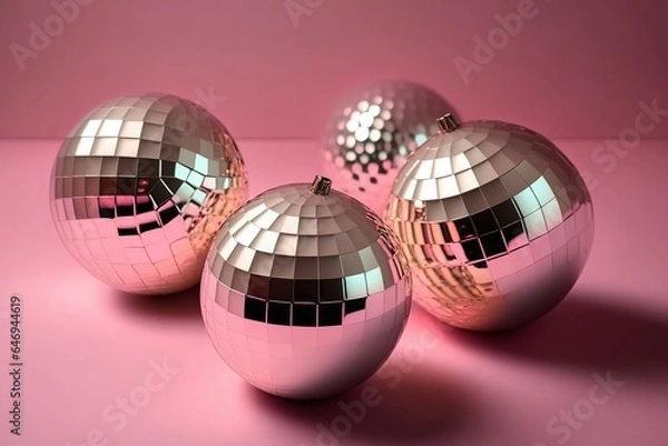 Fototapeta Shiny Christmas baubles in the shape of disco balls placed on pink generated by AI