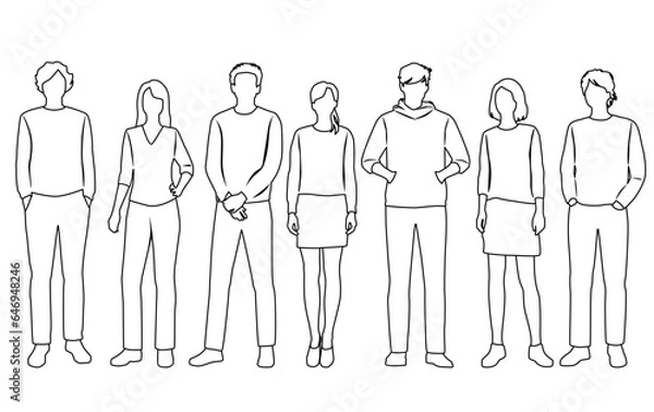 Fototapeta Vector silhouettes of  men and a women, a group of standing  business people,  linear sketch, black and white color isolated on white background