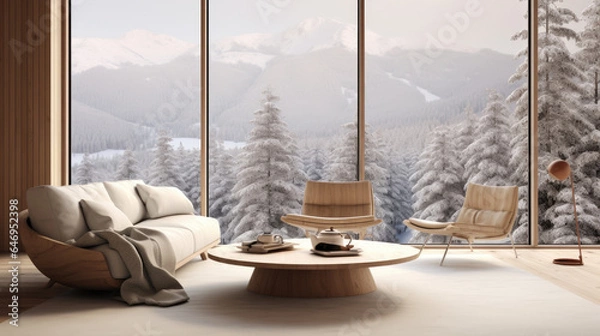 Fototapeta Modern Scandinavian minimalist living room design set against a panoramic floor-to-ceiling window showcasing a winter mountain view