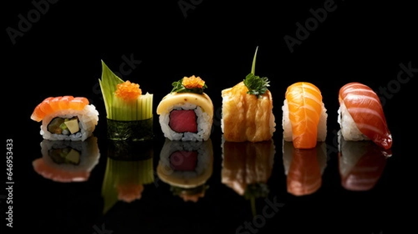 Fototapeta Luxurious set design with sushi, isolated on black background