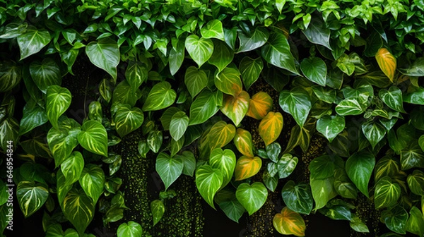Fototapeta vertical garden living wall, lush green foliage, various species, humid, moisture droplets on leaves, high dynamic range