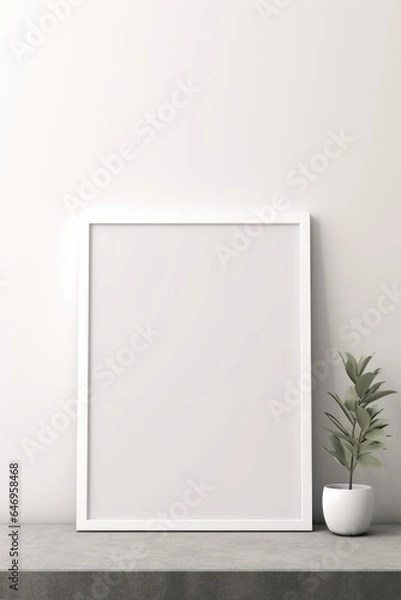 Fototapeta A white picture frame next to a potted plant. Imaginary photorealistic frame mockup.