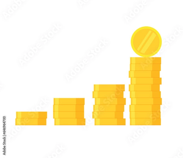 Obraz Growing saving. Golden coins stack income graph. Gold coin. Money heap. Finance, investment. Vector illustration in modern flat style isolated on white background.