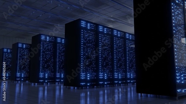 Fototapeta Data processing and storage center. Server room. Supercomputer. Technology.	