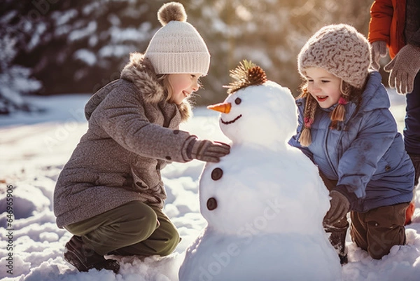 Fototapeta Children playing in the snow make a snowman, generative ai