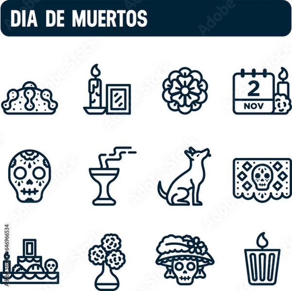 Fototapeta Day of the dead icons. Mexican tradition vector set, November 1 and 2. Outline icon design.