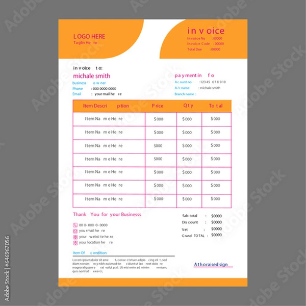 Obraz Minimal Corporate Business Invoice design template vector illustration bill form price invoice. Creative invoice template vector. business stationery design payment agreement design template