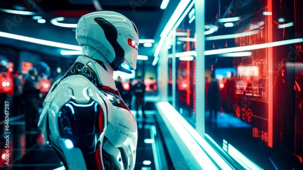 Fototapeta Man in futuristic suit standing in front of window with neon lights.