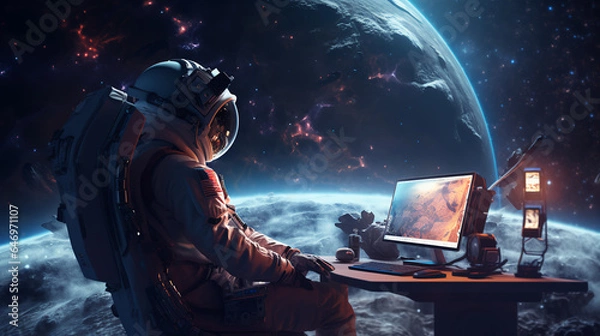 Fototapeta a astronaut playing a video game in space. Generative AI