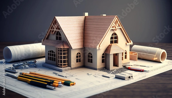 Fototapeta Modern Luxury Estate with 3D Model and Detailed Plans by Top Architect - ai generated
