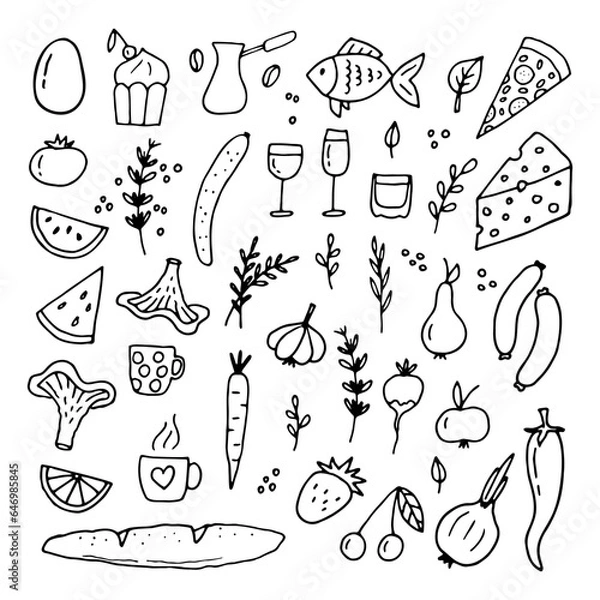 Obraz Hand drawn set of different food and drinks. Doodle style. Healthy food ingredients