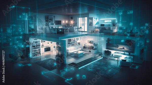 Obraz the concept of the Internet of Things with an image of a smart home, featuring various connected devices and appliances AI	
