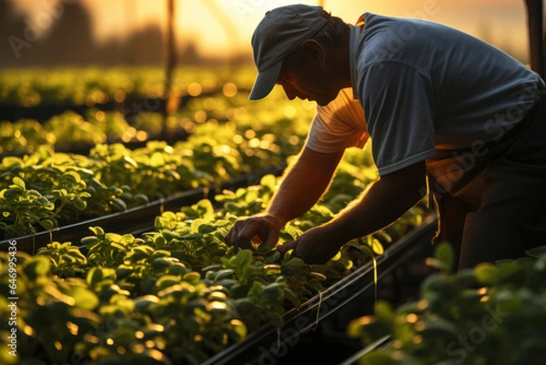 Fototapeta Organic Farming. Farmer inspecting crops without chemical use, promoting sustainable agricultural practices for a balanced climate. Generative Ai.