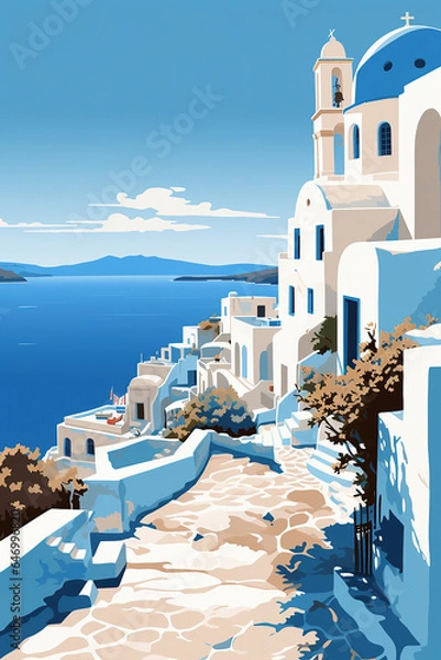 Fototapeta Duotone basic pop art vintage style travel poster of the Greek island of Mykonos.