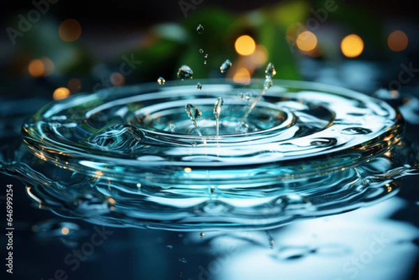 Fototapeta A single droplet of water falling into a crystal-clear pond, creating ripples. Generative AI.