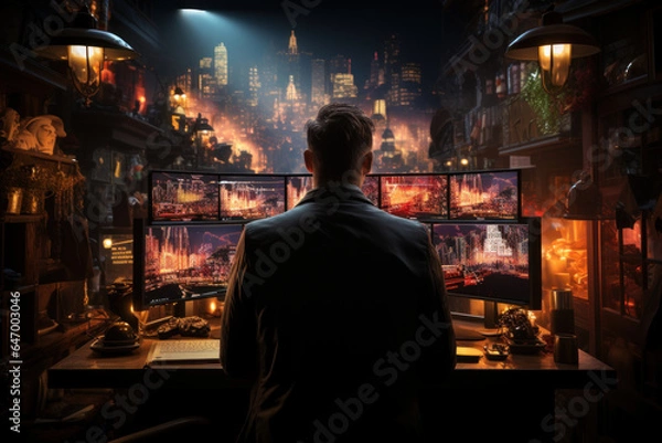 Obraz A trader observes the market during a volatile period, making split-second decisions to maximize gains and minimize losses. Concept of Volatile Trading. Generative Ai.
