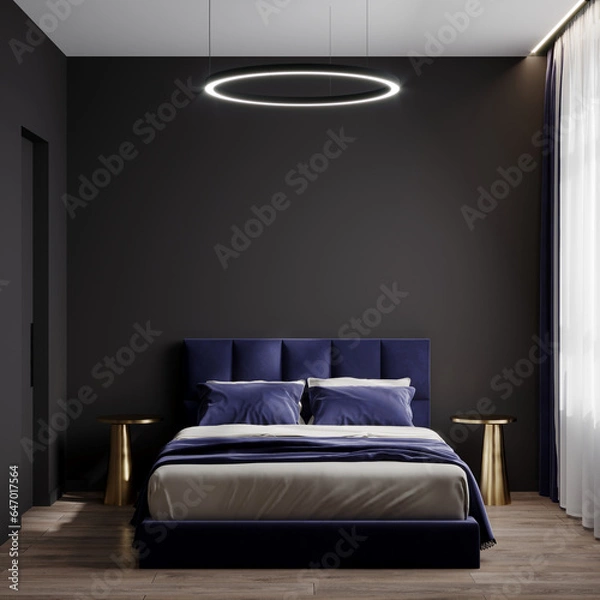 Fototapeta Luxury navy blue violet color in the interior design bedroom home. Dark black walls. Room hotel deep rich trend material - mockup background art. Modern premium style with gold accent. 3d rendering 