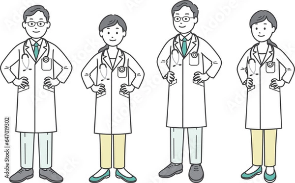 Fototapeta 腰に手を当てて自信を見せる医師男女