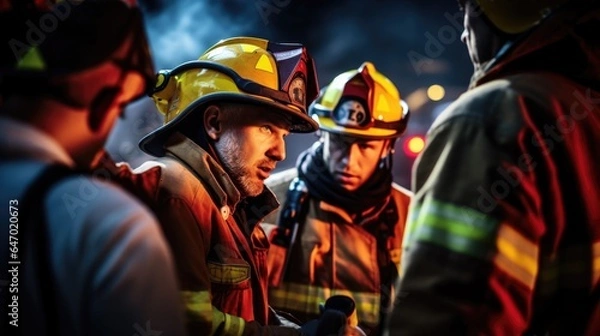 Obraz Fire officer coordinating a group as they go about their work with tension. Dark and warm environment.