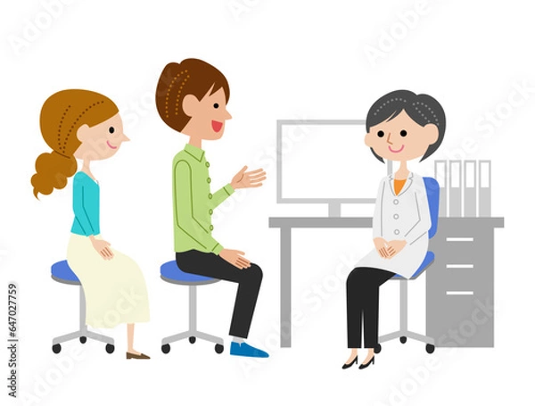 Obraz 診察室で女性医師に説明する若い夫婦